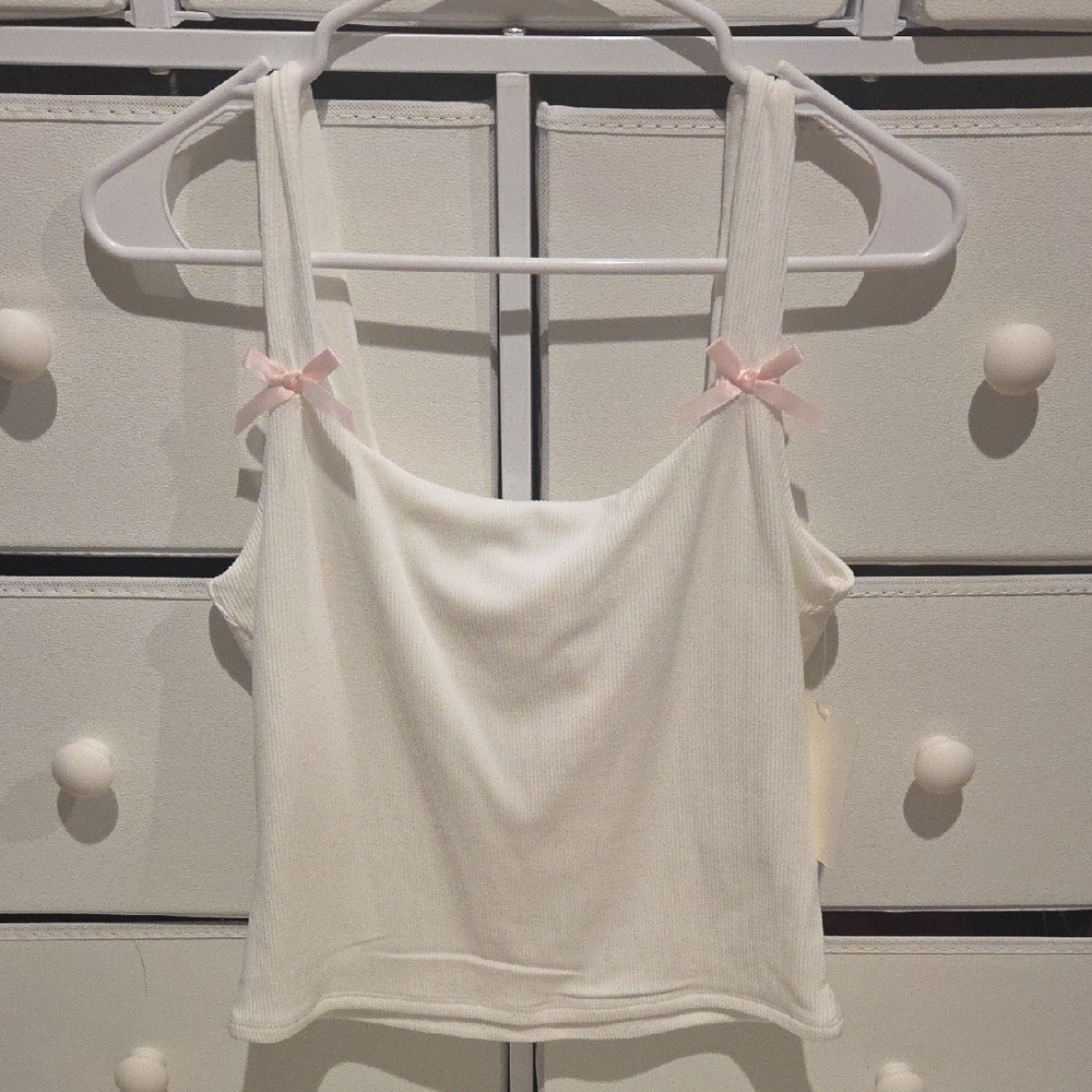 Cream Ribbed Tank Top with Pink Bow Straps - Women